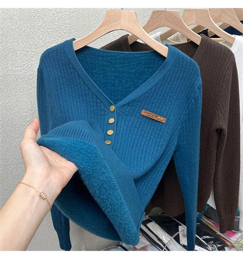 Thick Velvet V-neck Sweater Women Korean Fashion Lined Warm Knitted Pullover