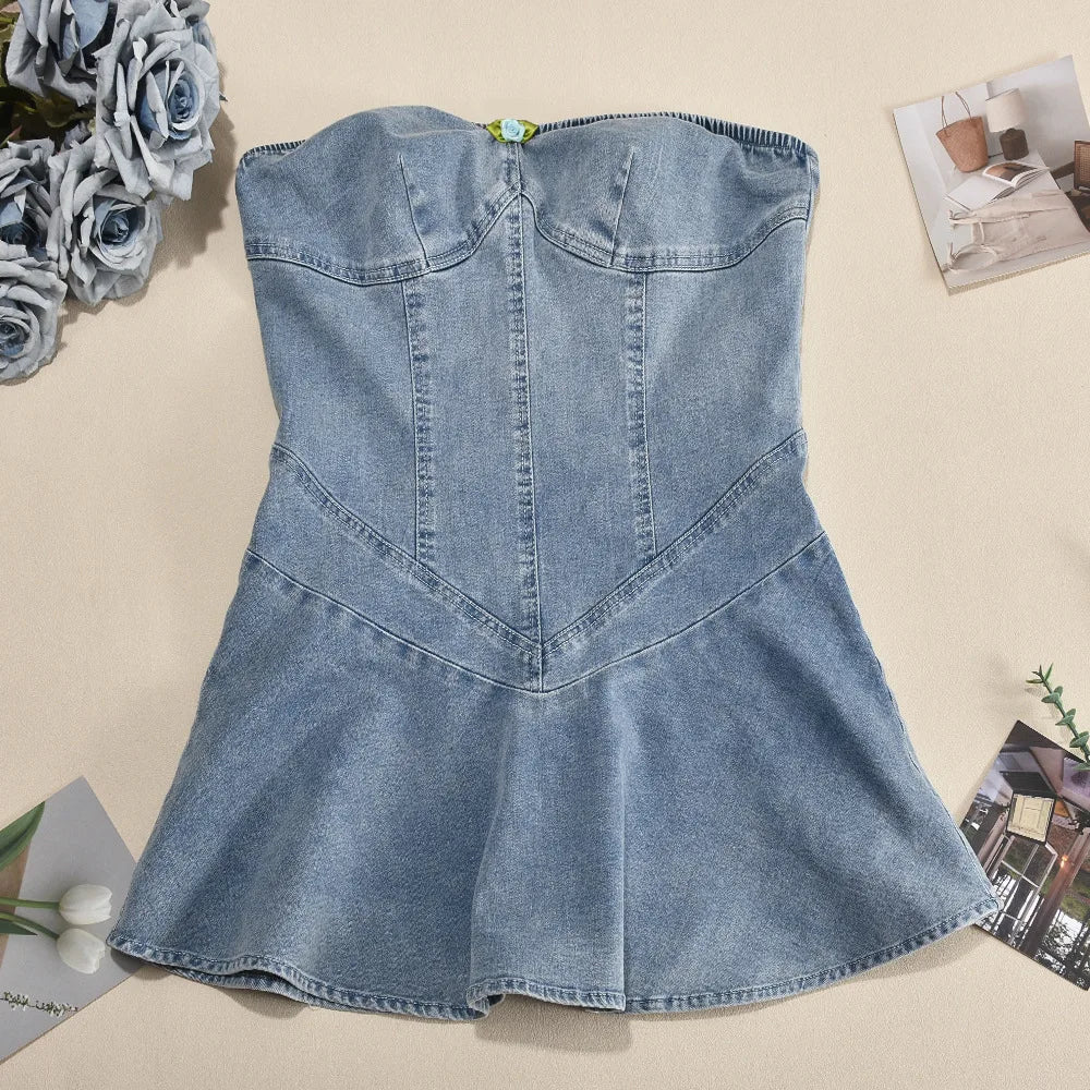 Women Stretch Denim Washed Wrap Backless Ruffle Dress