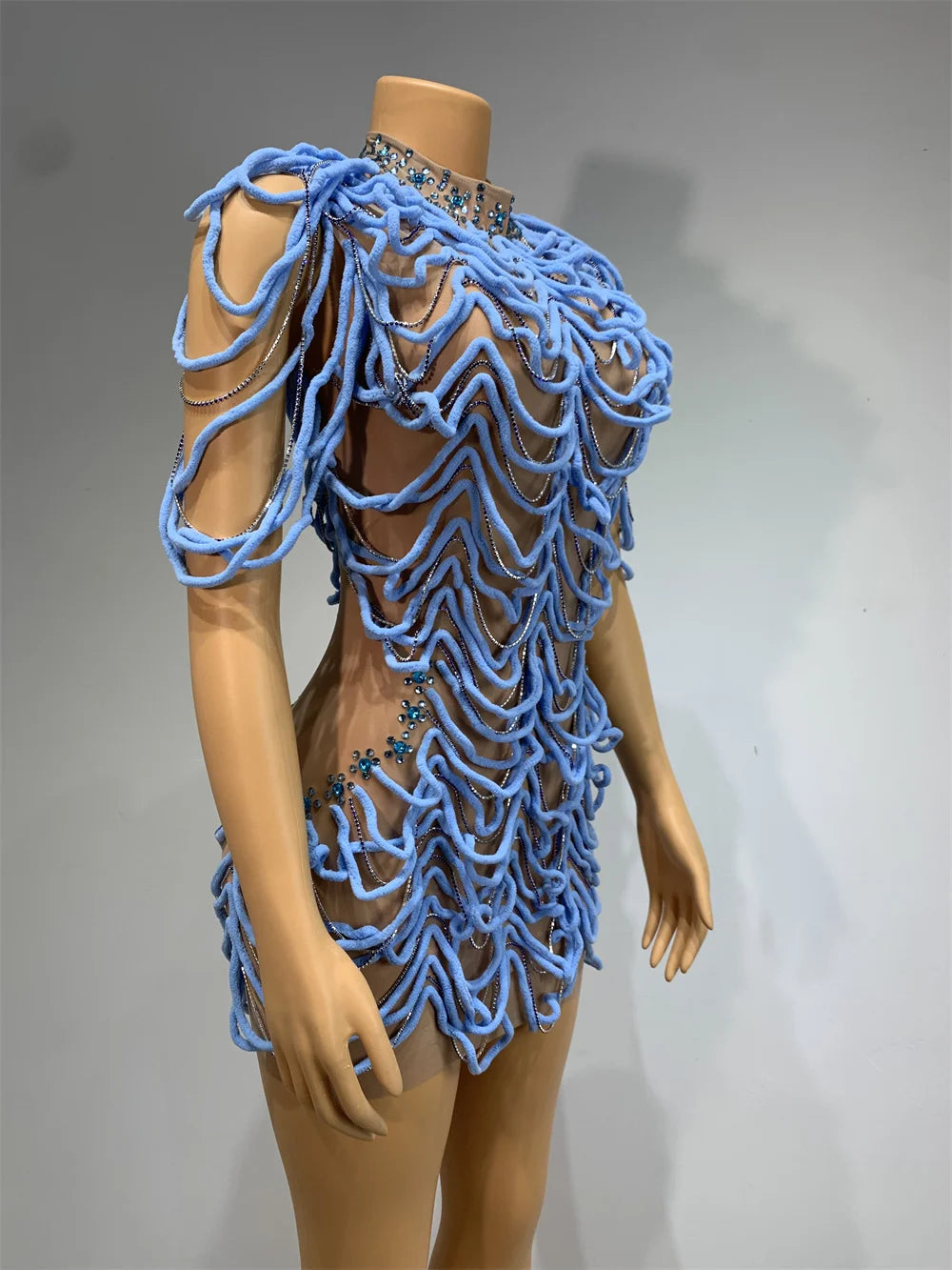Mesh Rhinestones Chain Mini Dress Nightclub Party Performance Outfit