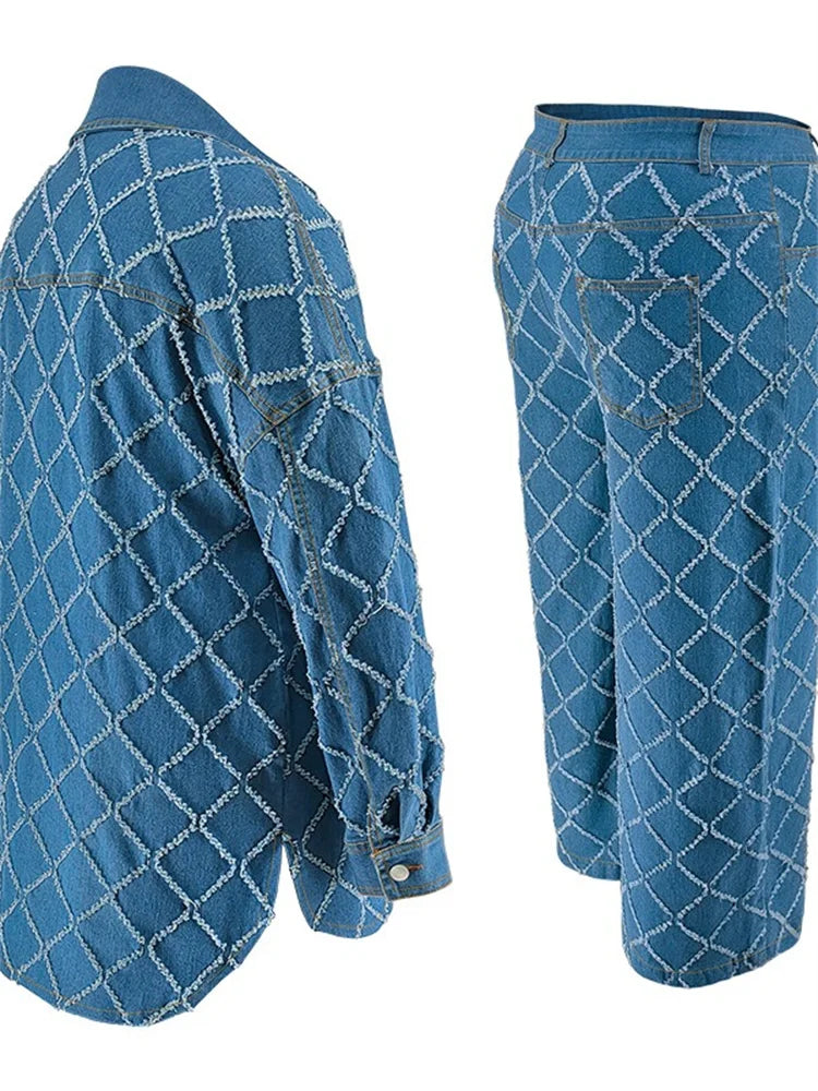 Plus Size Denim Two Piece Sets Women Long Sleeve Tops and Pants Matching Suits