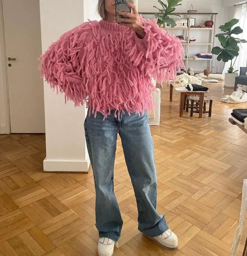 Tassels Design Solid Color Sweater Women Loose Knitted Pullover Jumper