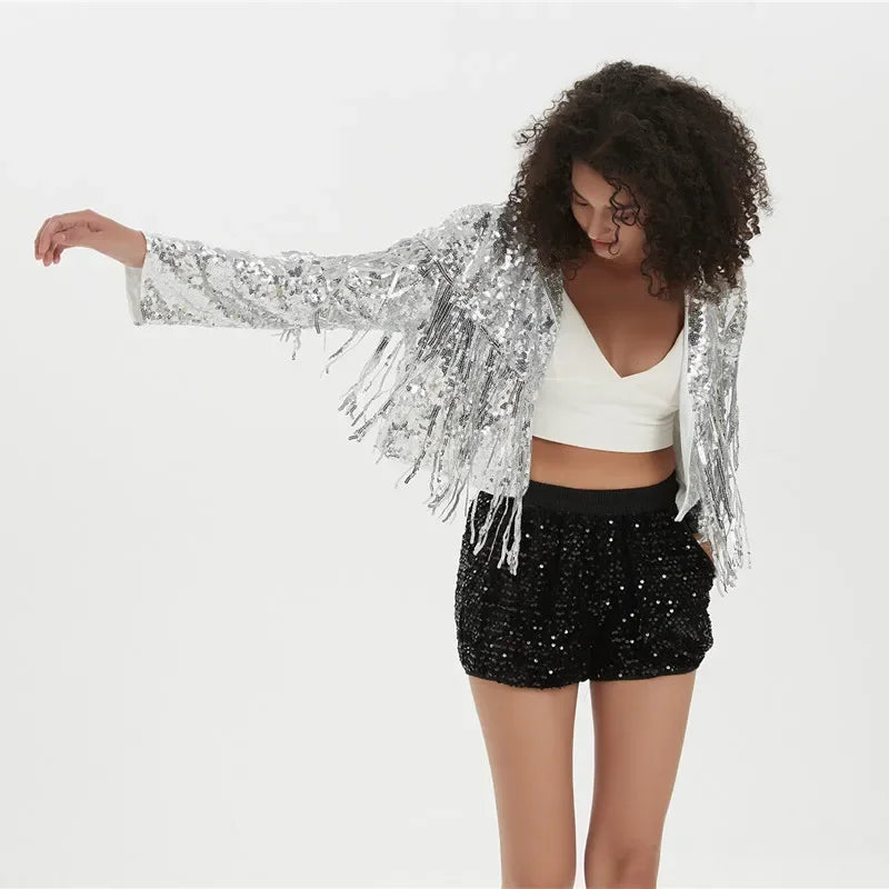 New Long Sleeve Sequin Tassel Patchwork Coat Cardigan Jacket