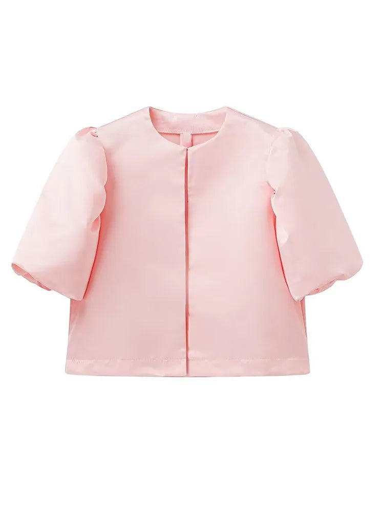 Solid Satin Women's Blouse Top With Pouf Balloon Sleeve O Neck Loose Blouses