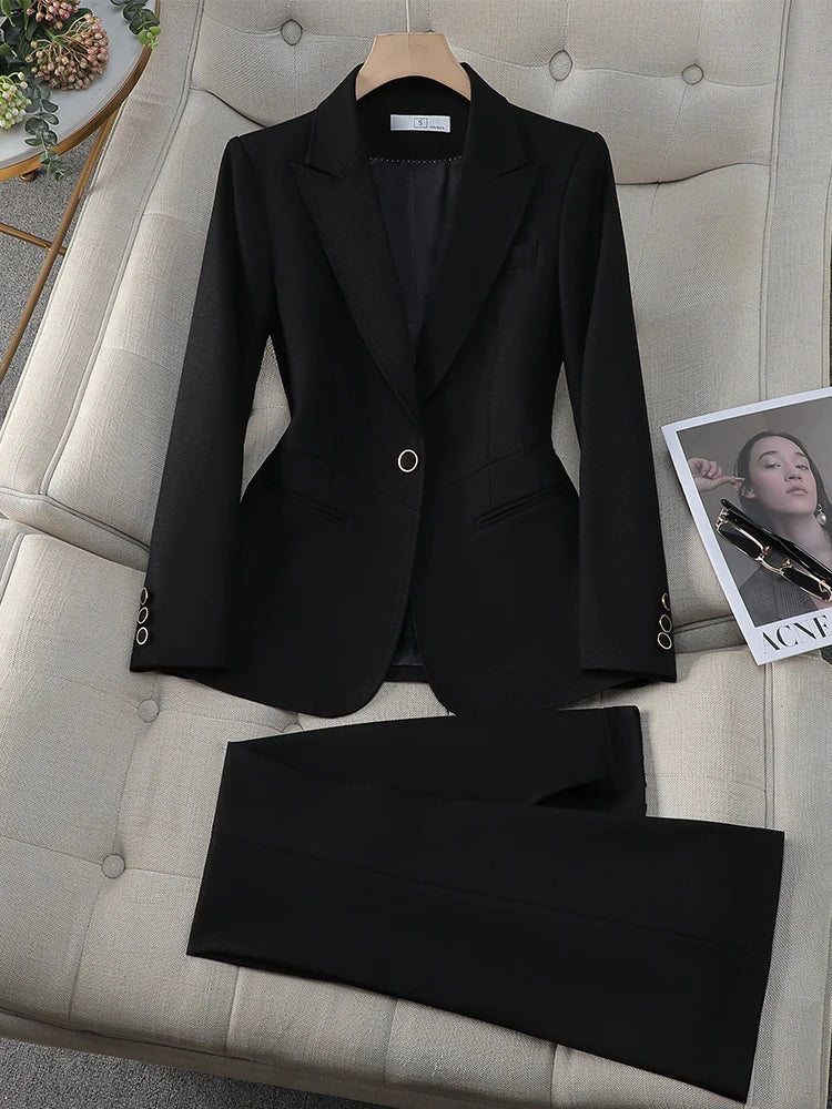 Formal Pant Suit 2 Piece Set Women Green Khaki Red Female Long Sleeve Business Work Wear Blazer