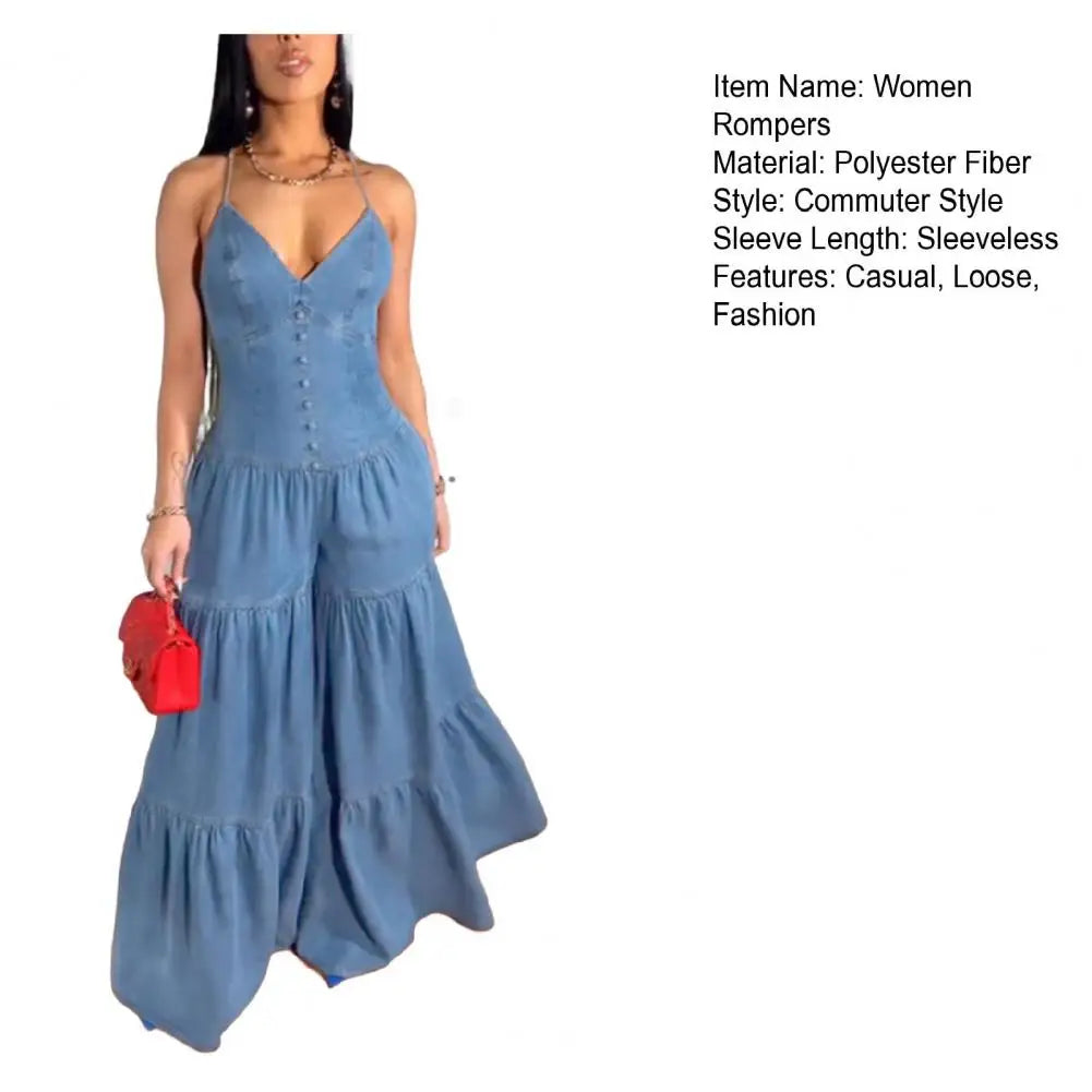 Stylish Women's Sleeveless Jumpsuits Casual Flowy Overalls Sexy Halter Rompers for Summer