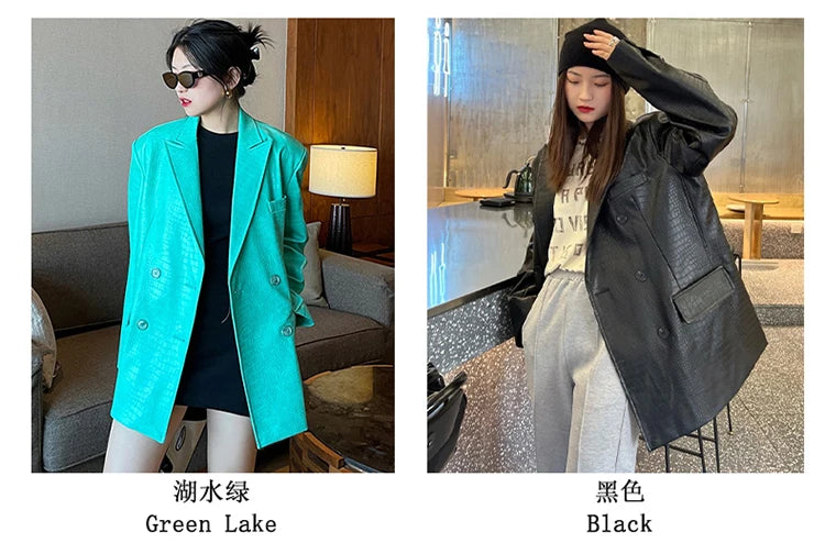 Oversized Shiny Purple Crocodile Pattern Faux Leather Blazer for Women Y2k