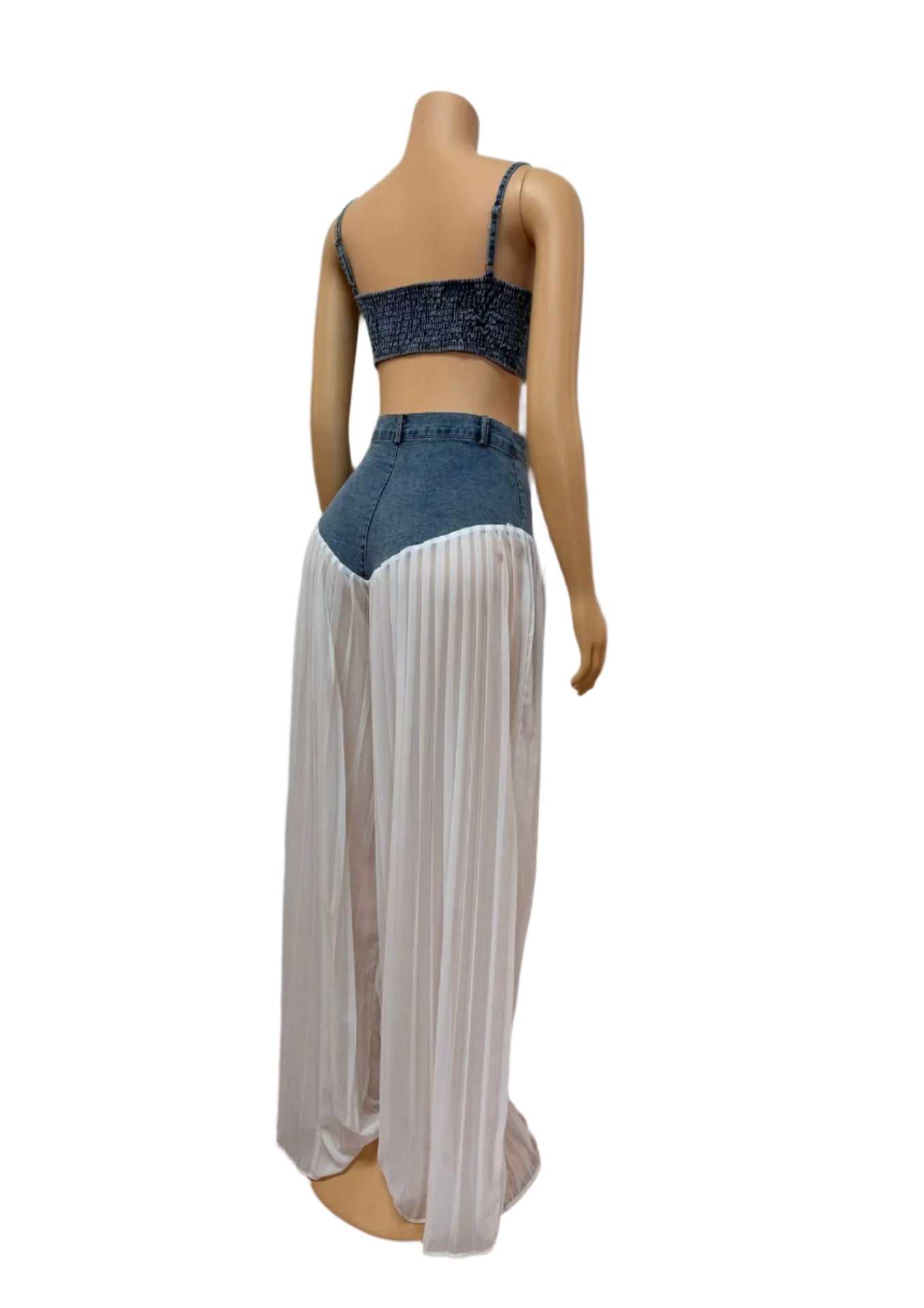 2 Piece Sets Women Sexy Denim Camisole Pleated Wide Leg Pants + Vest Floor Length Suit Summer