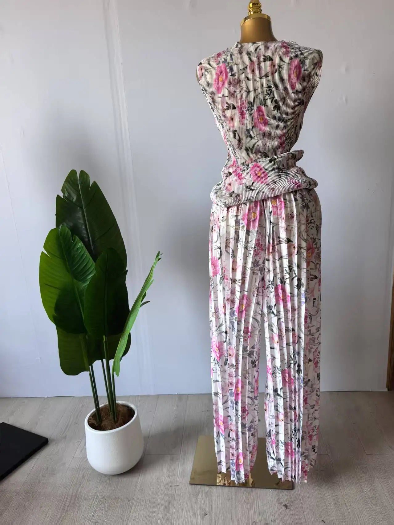 Women Set Floral Print Short Sleeve Pleated T-Shirt + Wide Leg Pants Two 2Piece Sets