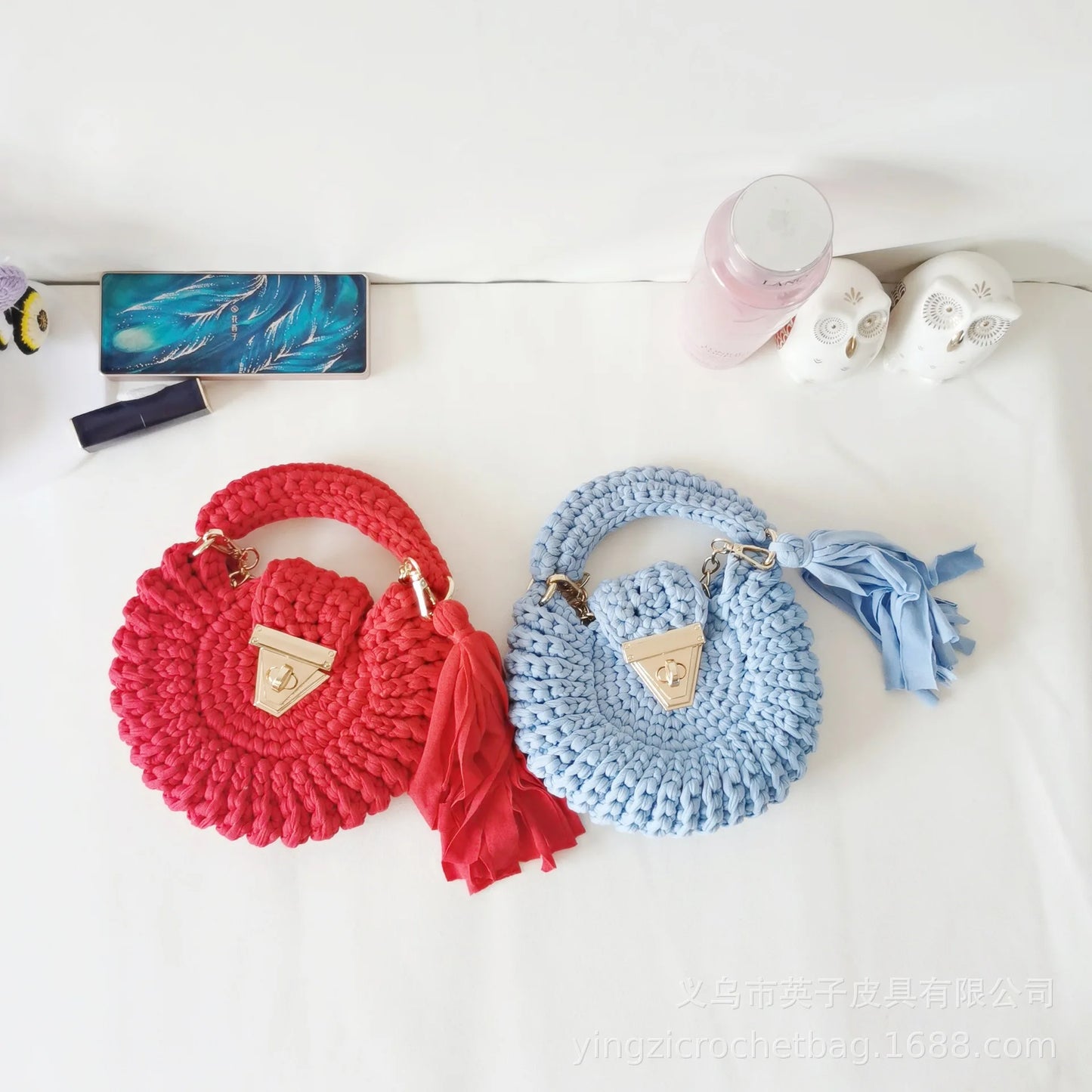 Bohemian Women's Solid Color Hook Knit Bag Round Fringed Small Crossbody Bag Soft Material