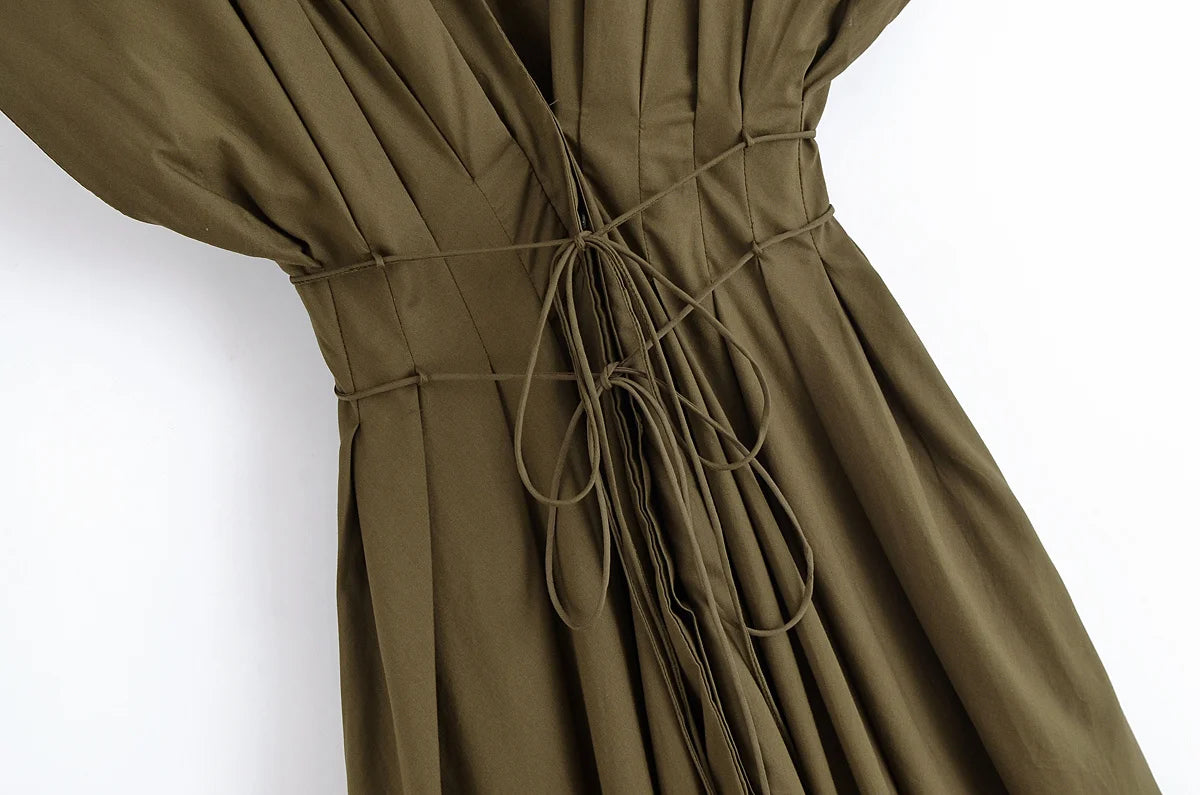 V-neck Lace-up Midi Dress Short Sleeve Backless Pleated Dress
