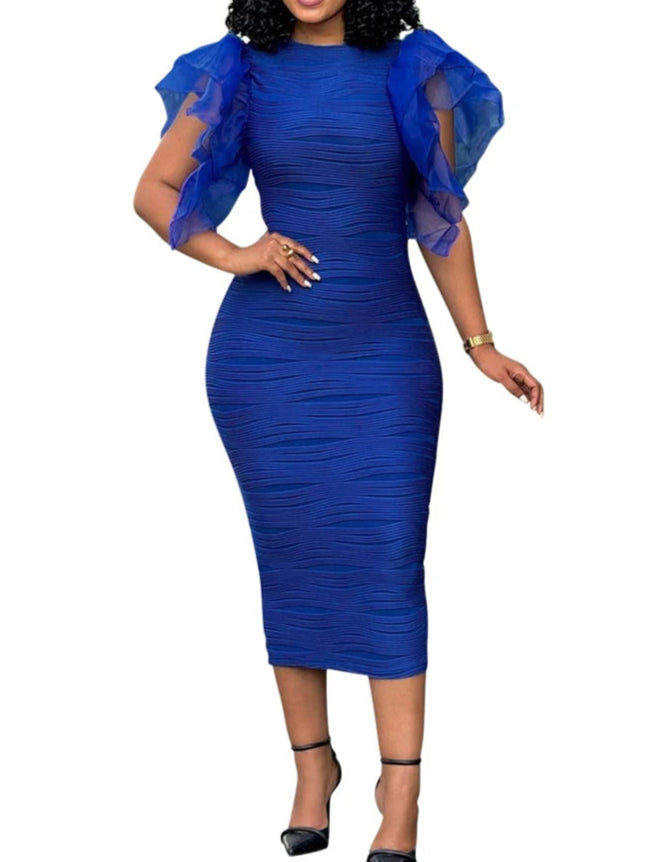 Women O Neck Ruffle Sleeves Package Hips Bodycon Dress Pencil Evening Birthday Dress
