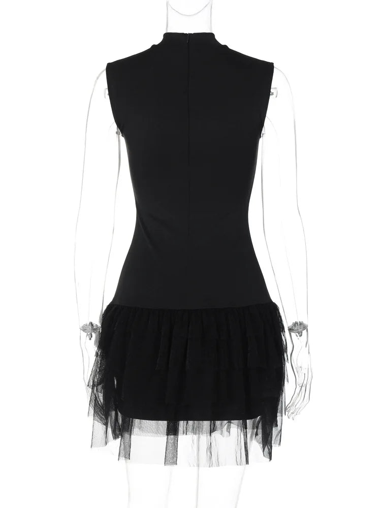 Black Mini Dress Sleeveless Mesh Patchwork Mini Evening Prom Dress Bodycon
