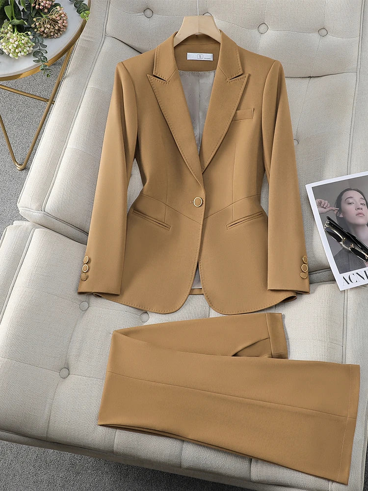 Formal Pant Suit 2 Piece Set Women Green Khaki Red Female Long Sleeve Business Work Wear Blazer