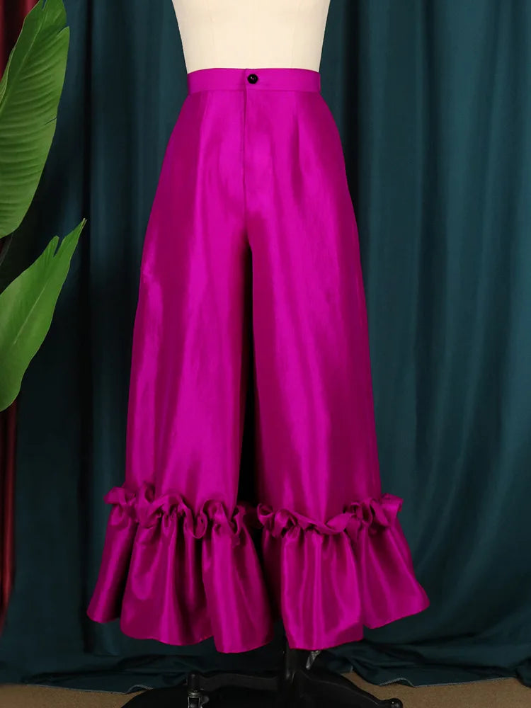 Women Pants High Waist Flare Pants Slim Fit Sexy Solid Ruffles Loose Casual Regular Wide Leg Long Trousers