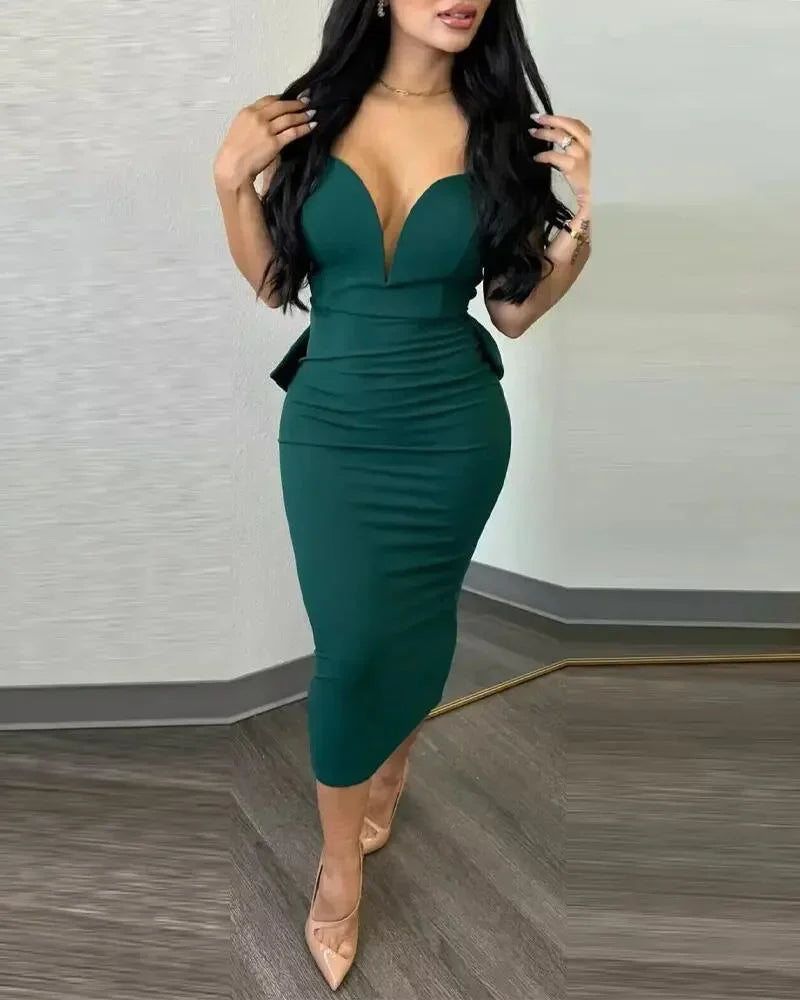 Sexy Plunging V-neck Backless Bowknot Ruffles Bodycon Midi Dresses for Women Party Night Elegant Club Celebrity Prom Dress