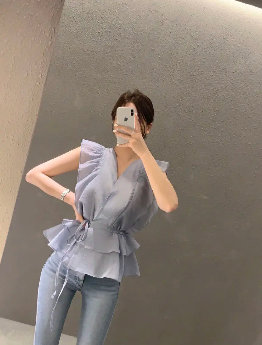Lace Up Top Ruffled V-neck Sleeveless Shirts Blouse for Women