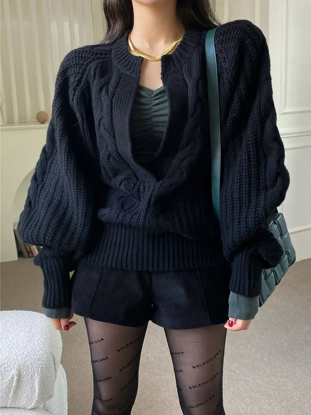 Chic Fried Dough Twists Pattern Pullover Loose Lantern Sleeve Knit Sweater