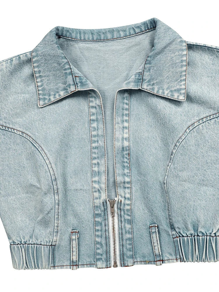 Elegant Denim Women Sleeveless Zipper Crop Top and Wide Leg Pants Two Piece Set
