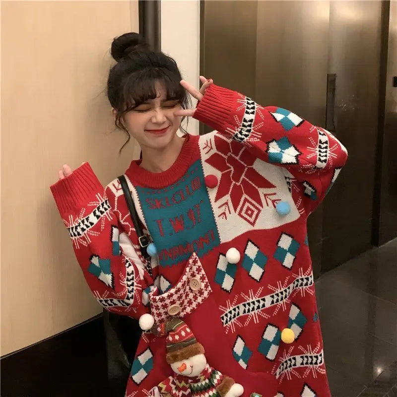 Knitted Pullover Loose Lazy Contrasting Colors Winter Sweater Christmas Sweater