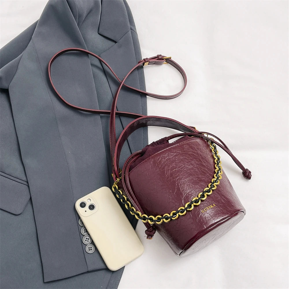 Retro Bucket Crossbody Bags For Women Oil-waxed Leather 2-IN-1 Chain Shoulder Bag
