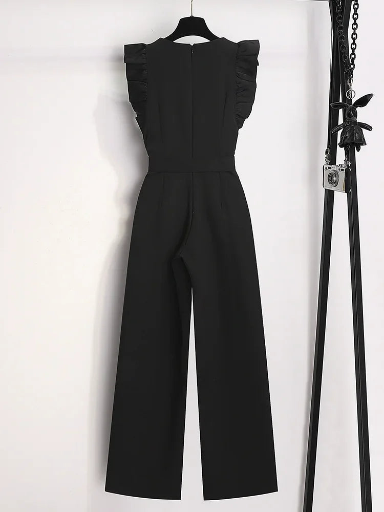 Oversized Luxury Temperament Jumpsuit Women Ruffles Sleeveless Elegant White Jumpsuit with Belt