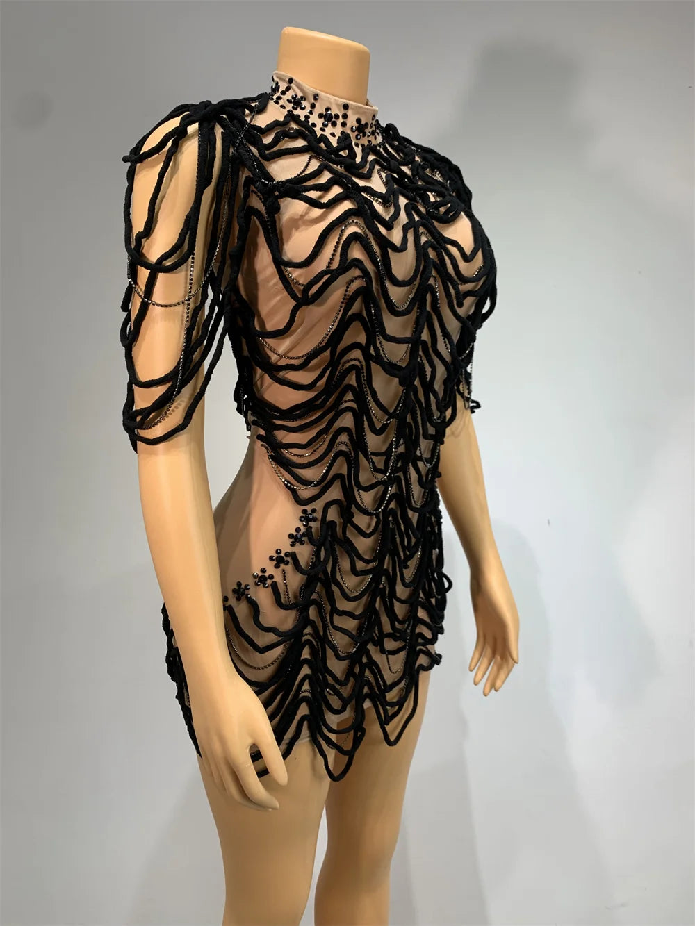 Mesh Rhinestones Chain Mini Dress Nightclub Party Performance Outfit