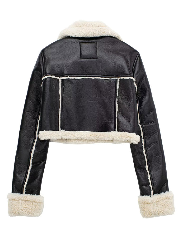 Women Solid Front Zipper Jackets Vintage Lapel Neck Long Sleeves Jacket