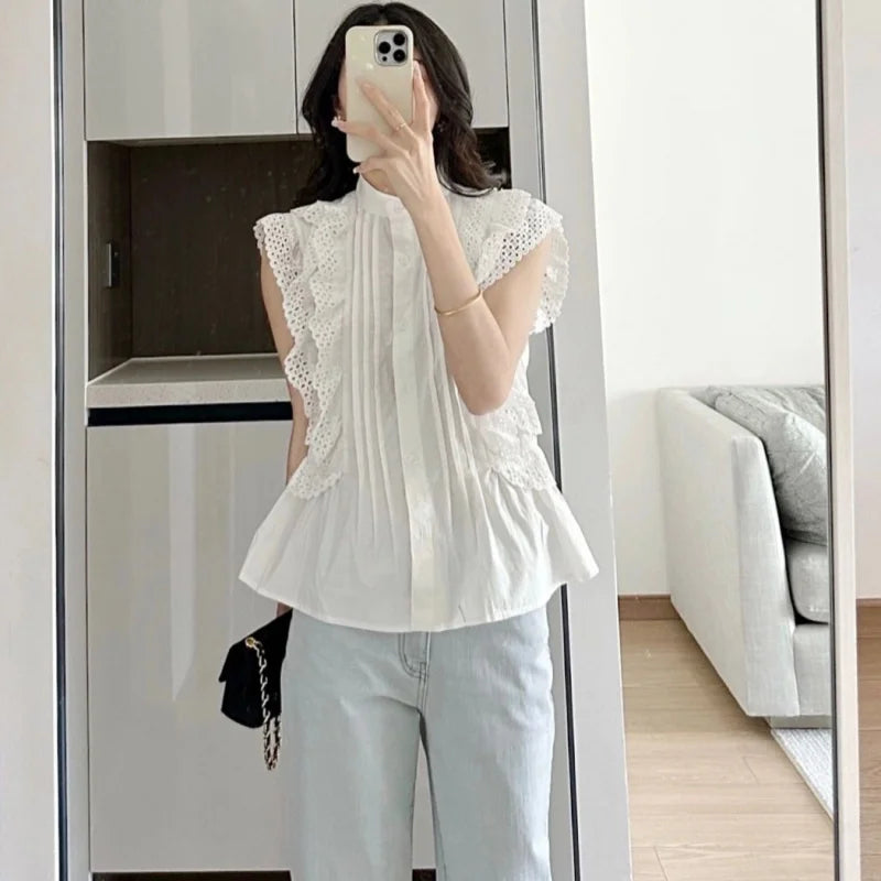 Flying Sleeve White Shirts Vintage Sleeveless Ruffled Lace Blouse for Woman