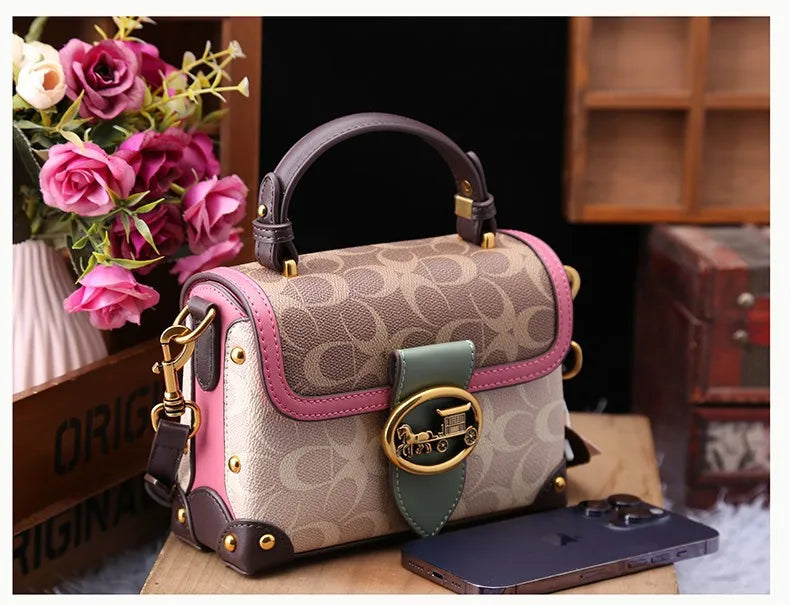 contrasting color women's bag, high-end carriage crossbody bag, portable box bag