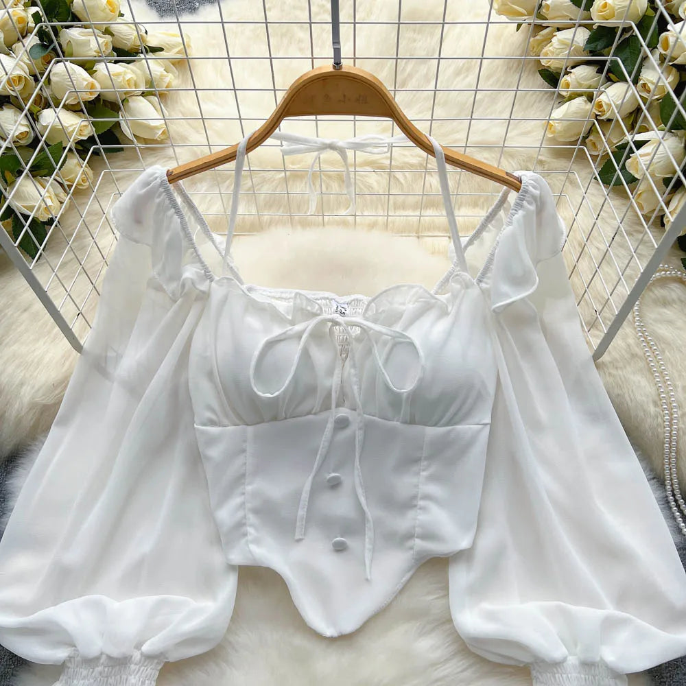 Flare Sleeve Women Top Ruffle Solid Elastic Waist Halter Backless Chiffon Blouse
