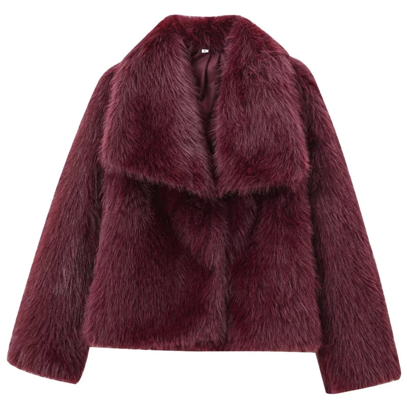 Women's Fur Coat Plush Burgundy Bomber Jacket Solid Crop Jacket Winter Coats