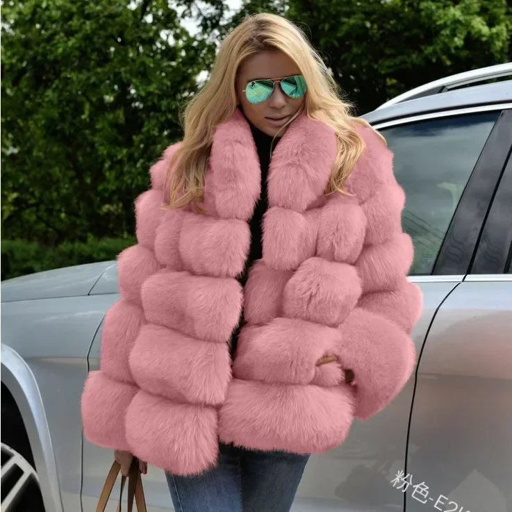 Women Faux Fox Fur Coats Turn Down Collar Thick Warm Elegant Jackets Streetwear