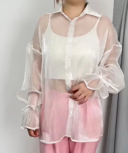 Sexy Transparent Shirt Women Blouse Loose Turn-down Collar Flare Sleeve Lace-up Shirt Top