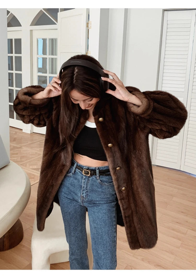 Brown Thick Warm Soft Faux Mink Fur Coat Women Puff Sleeve Stand Collar Fluffy Jacket