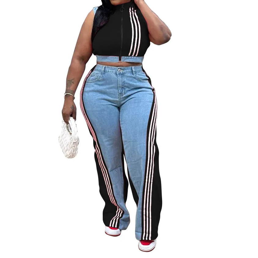 Women's 2 Pieces Sets 2025 Spring Summer Denim Sleeveless Suit Tops And Wide Leg Pants Suits Two Piece Set