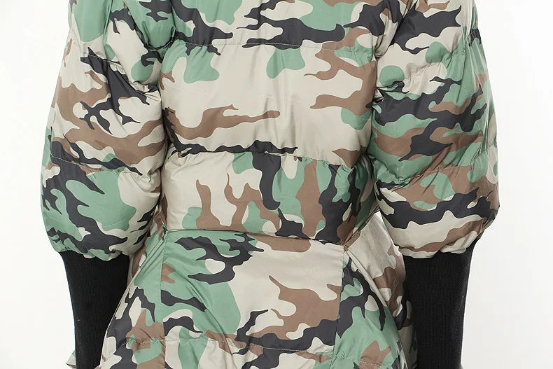 Women's Cotton-padded Coat Belt Irregular Waist Camouflage Knitted Sleeve Parkas Jackets Winter Jackets