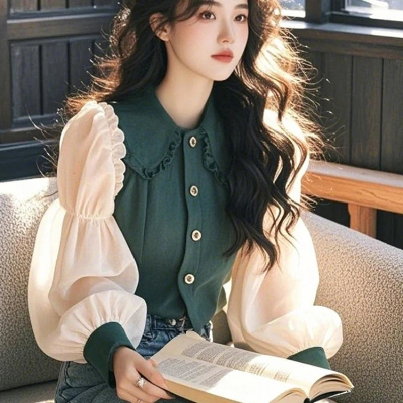 Vintage Women's Blouses Korean Shirts Loose Chiffon Patchwork Long Sleeve Ruffle Top