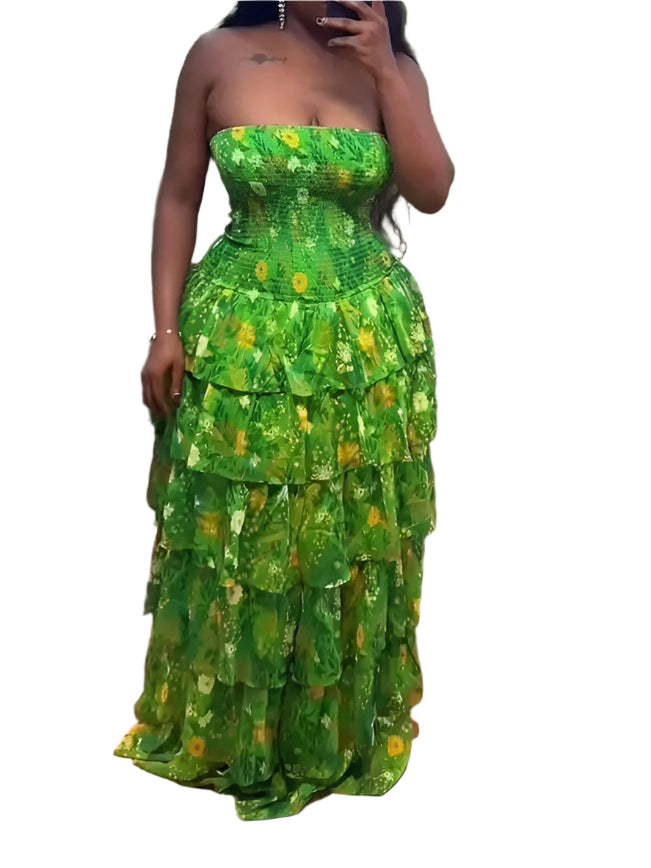 Women's Beach Maxi Dress Sexy Bustier Waist Tie Flounce Hem Tiered Maxi Dress