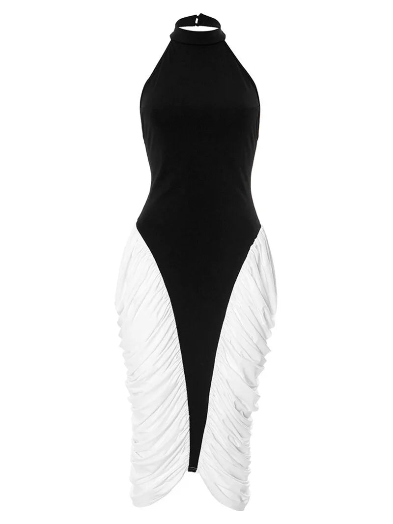 Patchwork Halter Backless Sexy Midi Dress Women Gown Elegant Fashion Contrast Color Sleeveless Pleated Long Dress