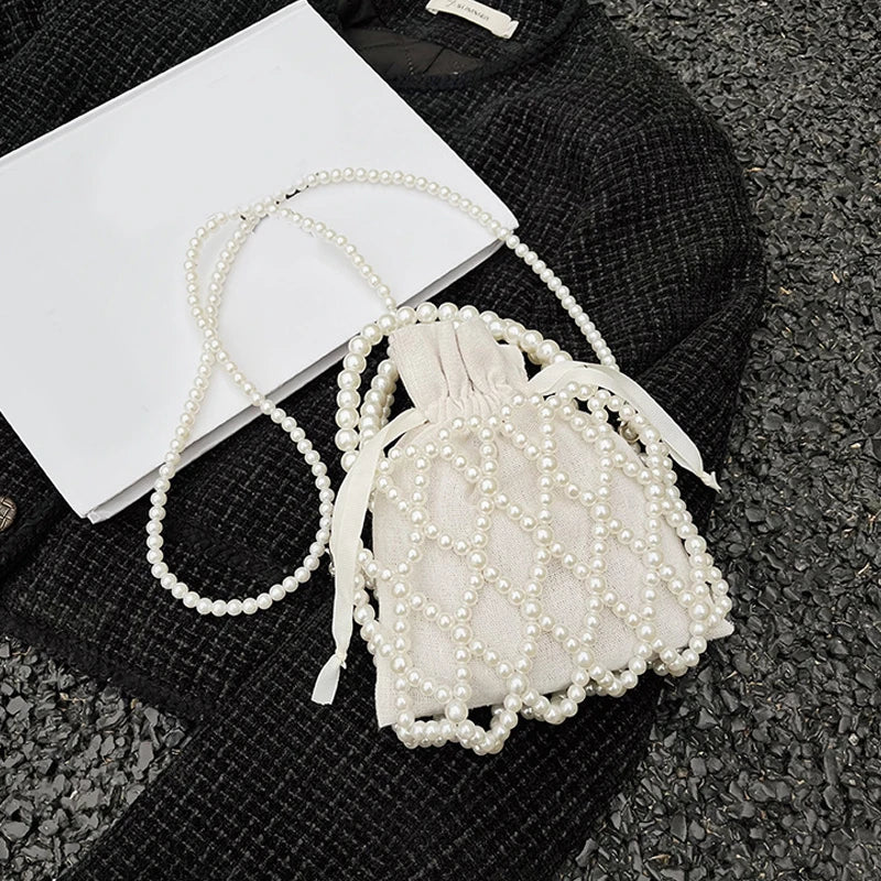 Luxury Pearl Women Bucket Tote Bag Woven Pearl Crossbody Bags for Women Small Wallet