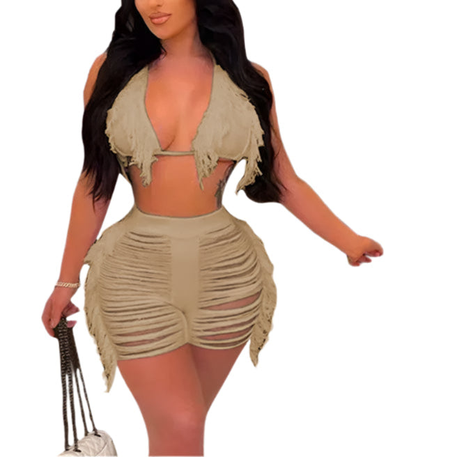 Women Fringe Tassel Bikini Shorts Set Hollow Out Jamaican Crochet Swimwear Summer Beach Knitted Cover Up Swimsuit