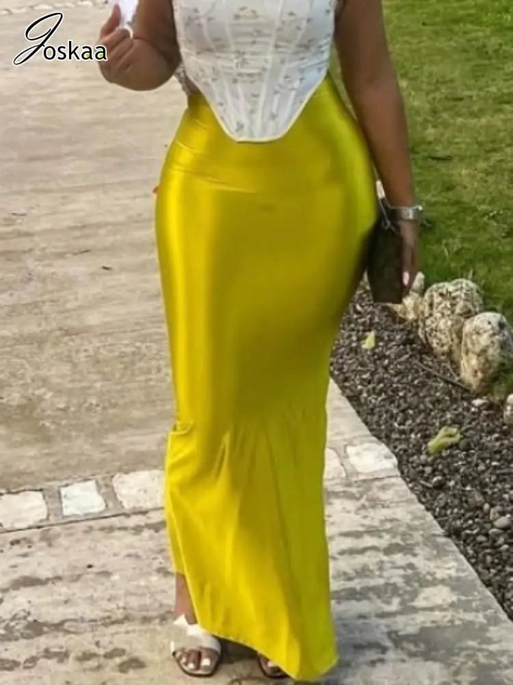 Shiny High Waist Hip Skirt Sexy Side Slit Bodycon Maxi Skirts Club Bottoms