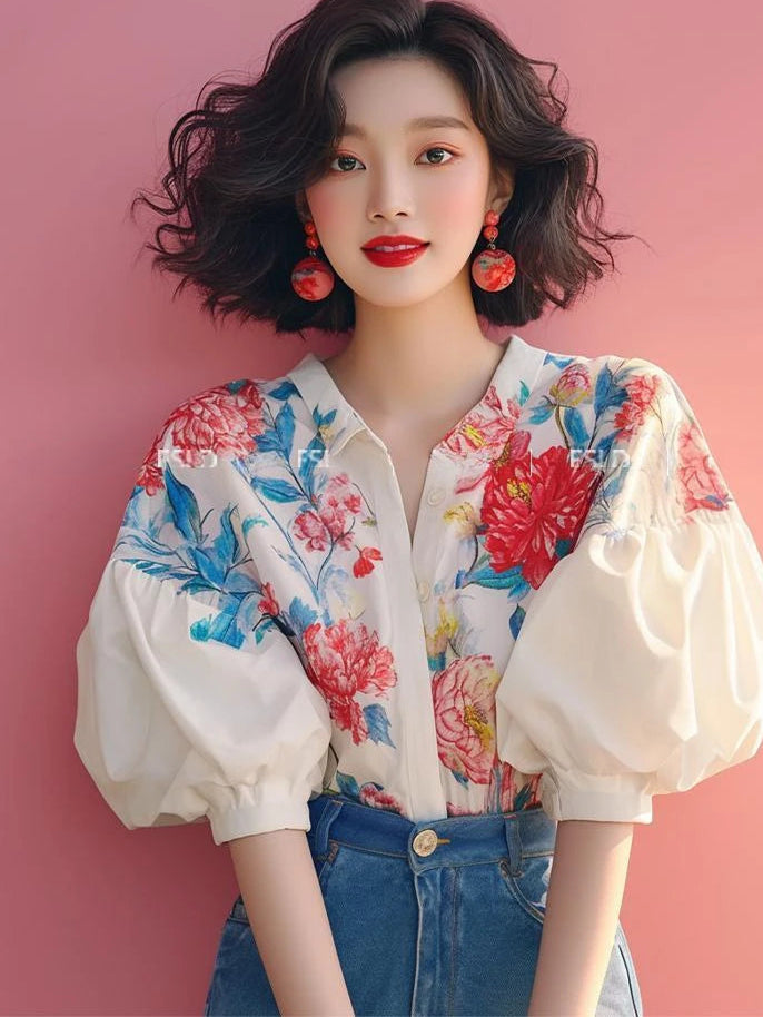 Flower Print Shirt Women French Temperament Lapel Puff Sleeve Button Blouse