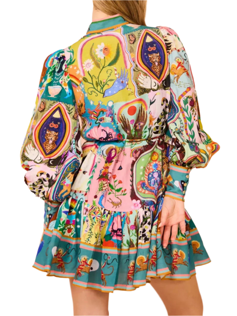 printed round neck dress cinched waist strap pleated ruffle edge dress summer dress