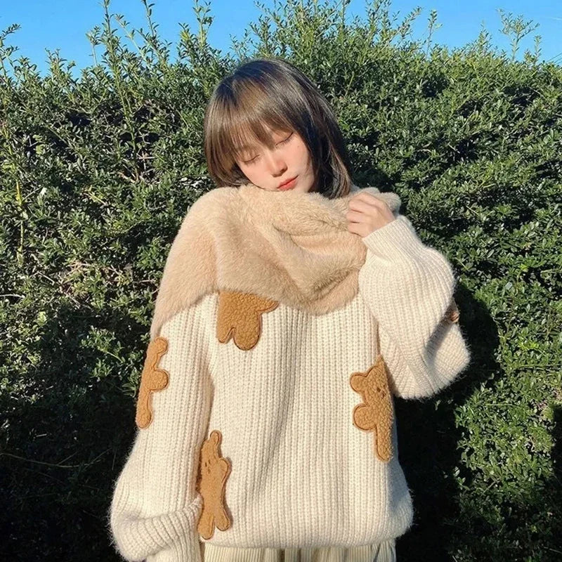 Sweet Cartoon Bear Sweater Women Cute Knitted Pullover Oversized Knitwear