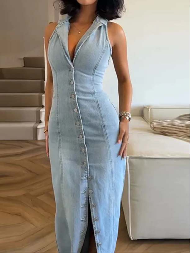New Women's Sleeveless Denim Lapel Maxi Dresses With Long-Button
