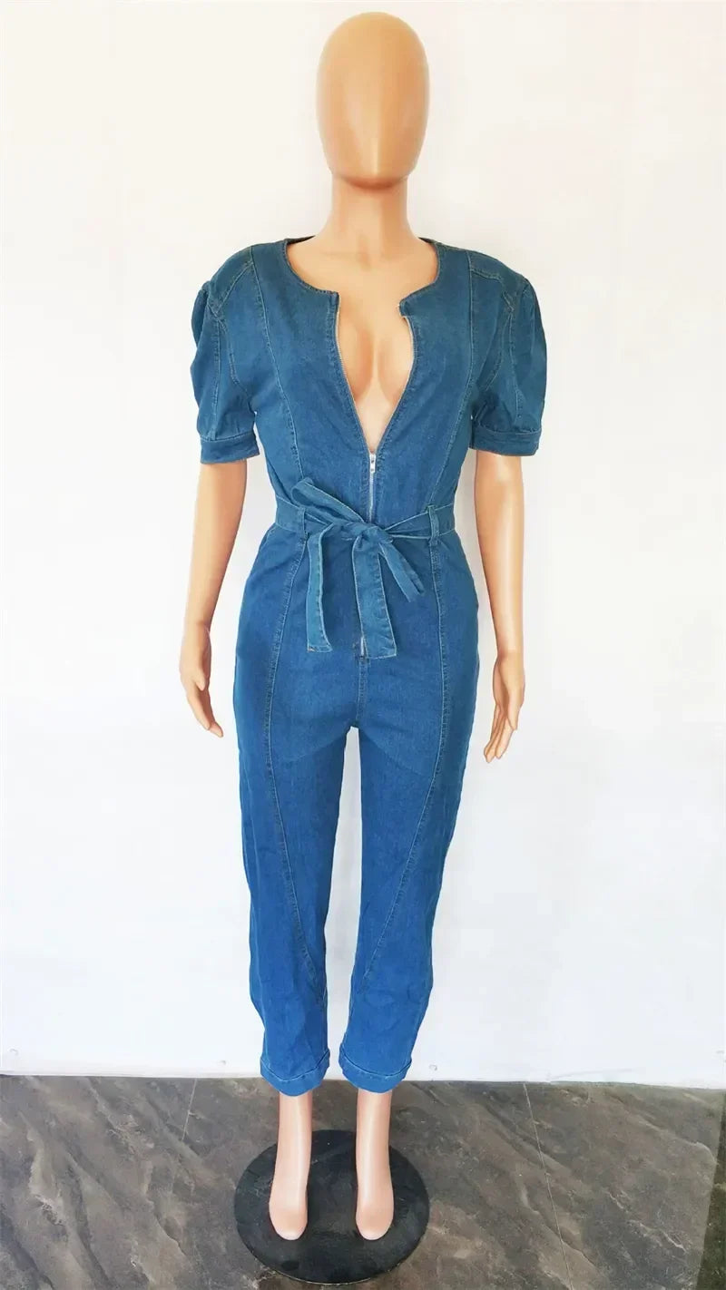 Denim Jumpsuit for Women Lace-up Pencil Pant Jeans Short Sleeve Sashes Long Rompers Playsuits One Piece Overalls Outfits