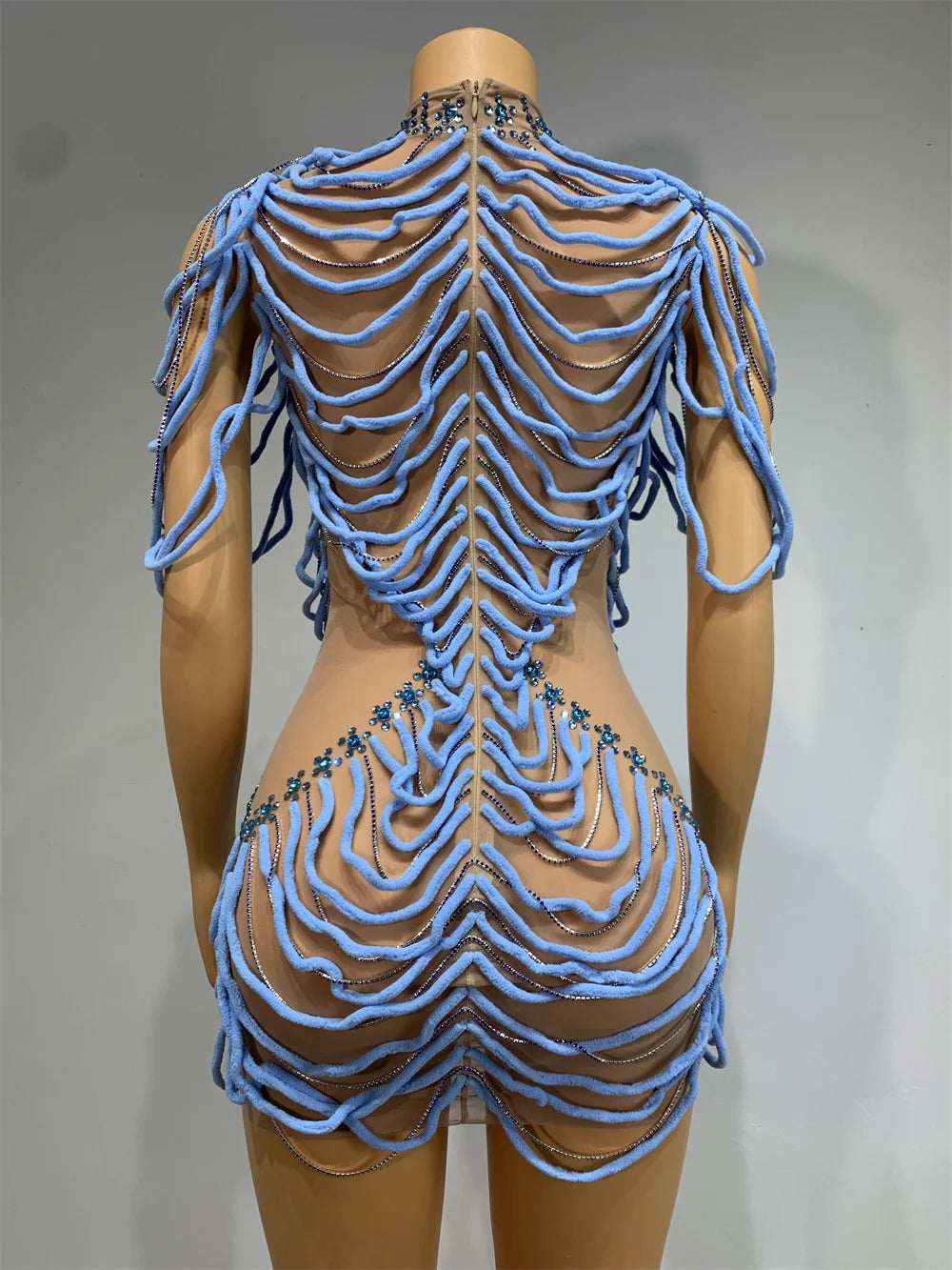 Mesh Rhinestones Chain Mini Dress Nightclub Party Performance Outfit
