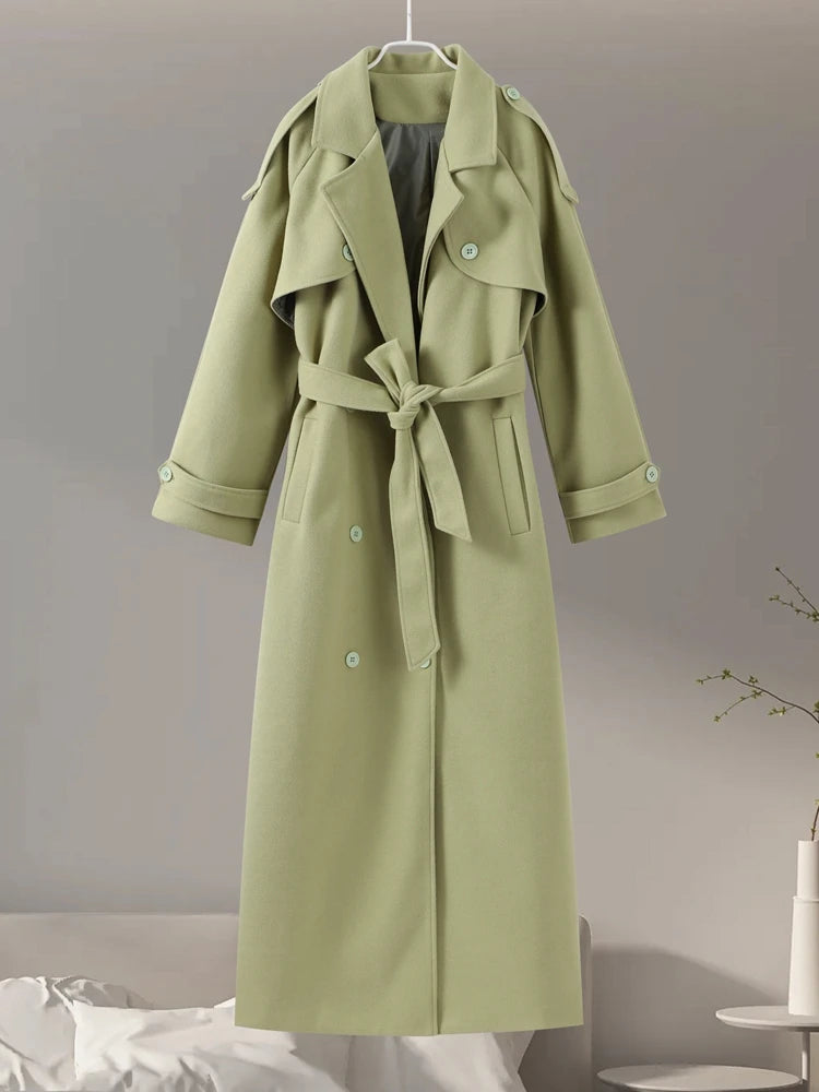 Urban Solid Double Breasted Long Women Coat Loose Full Sleeve Belt Double Breasted Jacket