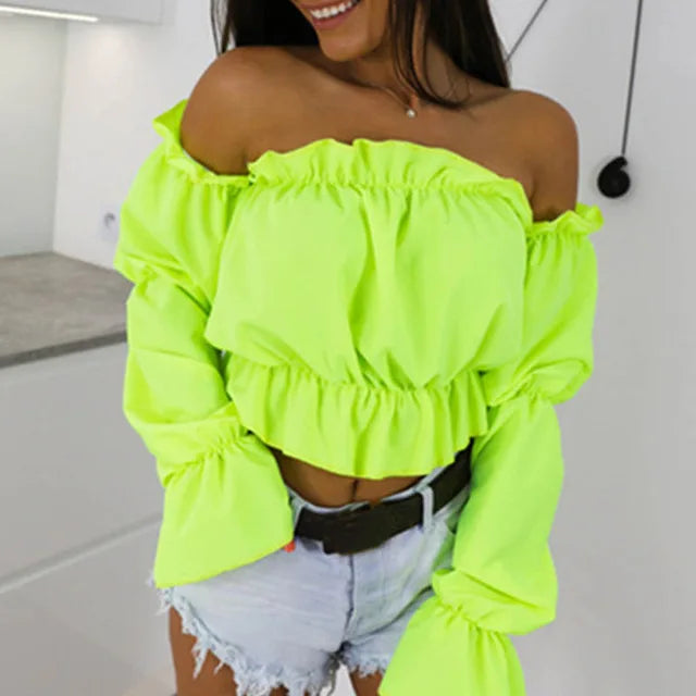 Candy Color Off Shoulder Crop Tops women Summer lantern sleeve blouse